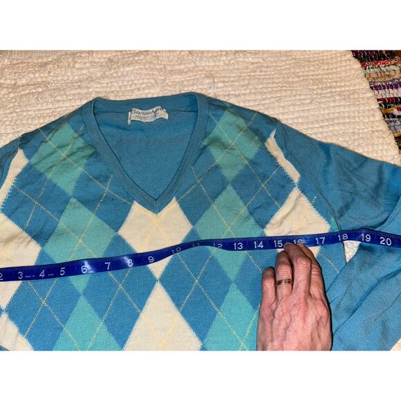 VINTAGE 80's BALLANTYNE SCOTLAND MERINO WOOL TURQUOISE ARGYLE VEE NECK SWEATER - Picture 5 of 5